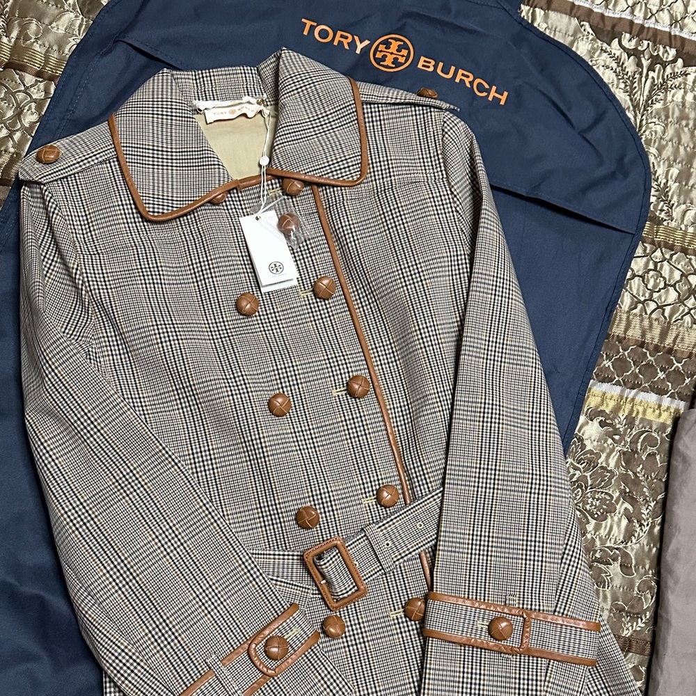 Tory Burch Women's Checkered Trench Coat - Brown Trim